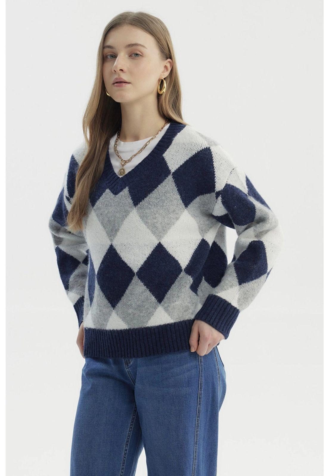 Sweater Mujer Slim Cuello V Gris-1