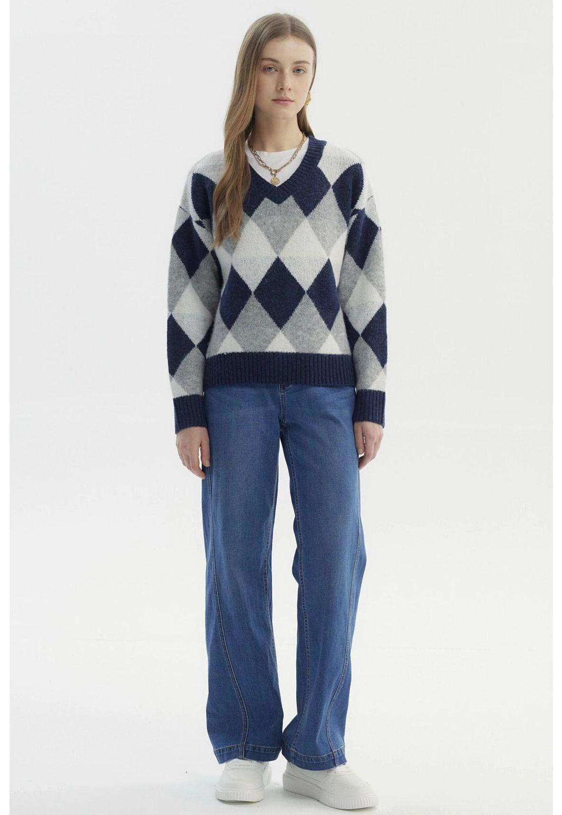 Sweater Mujer Slim Cuello V Gris-3