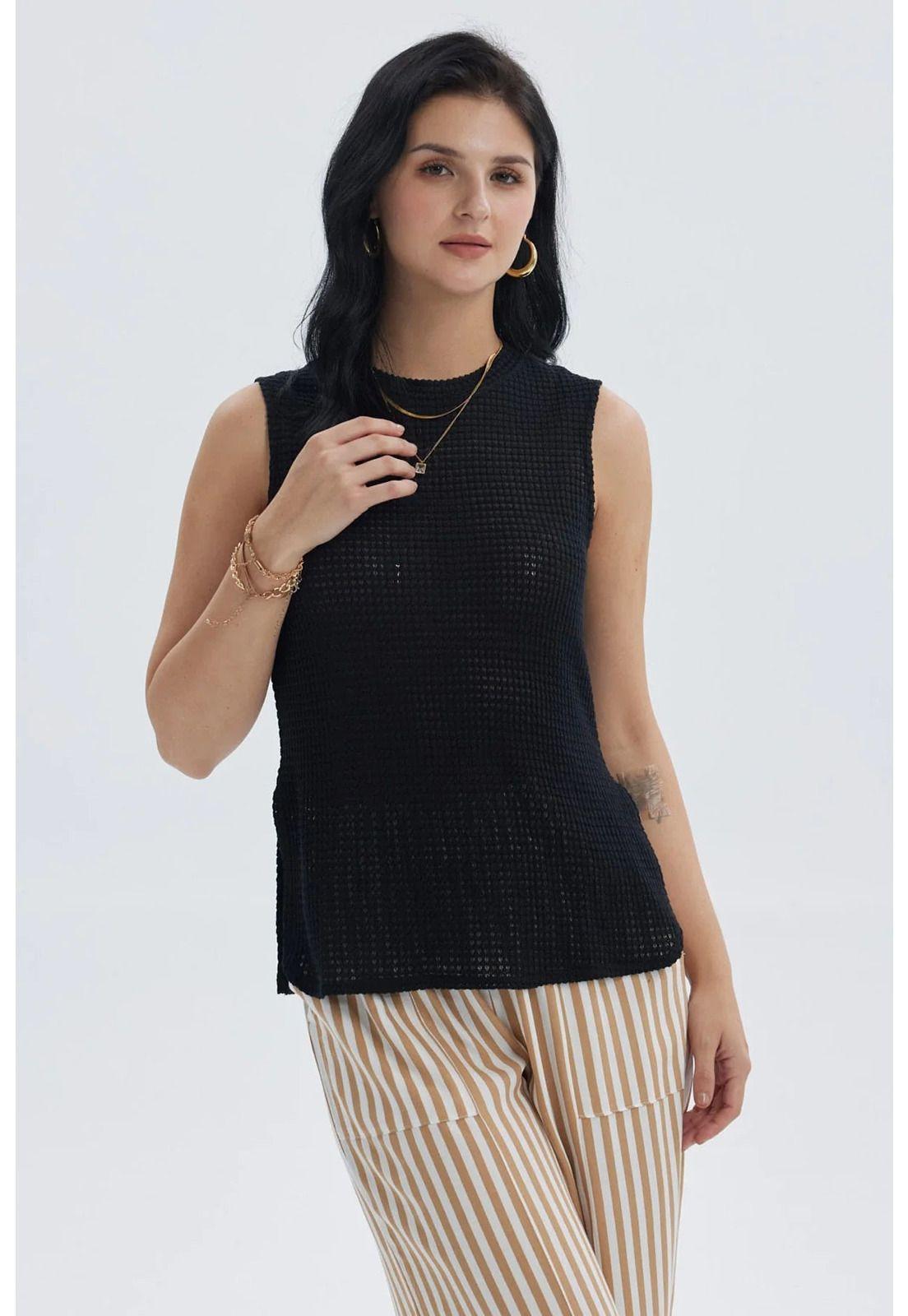 Polera Mujer Tejida Abertura Negro-0