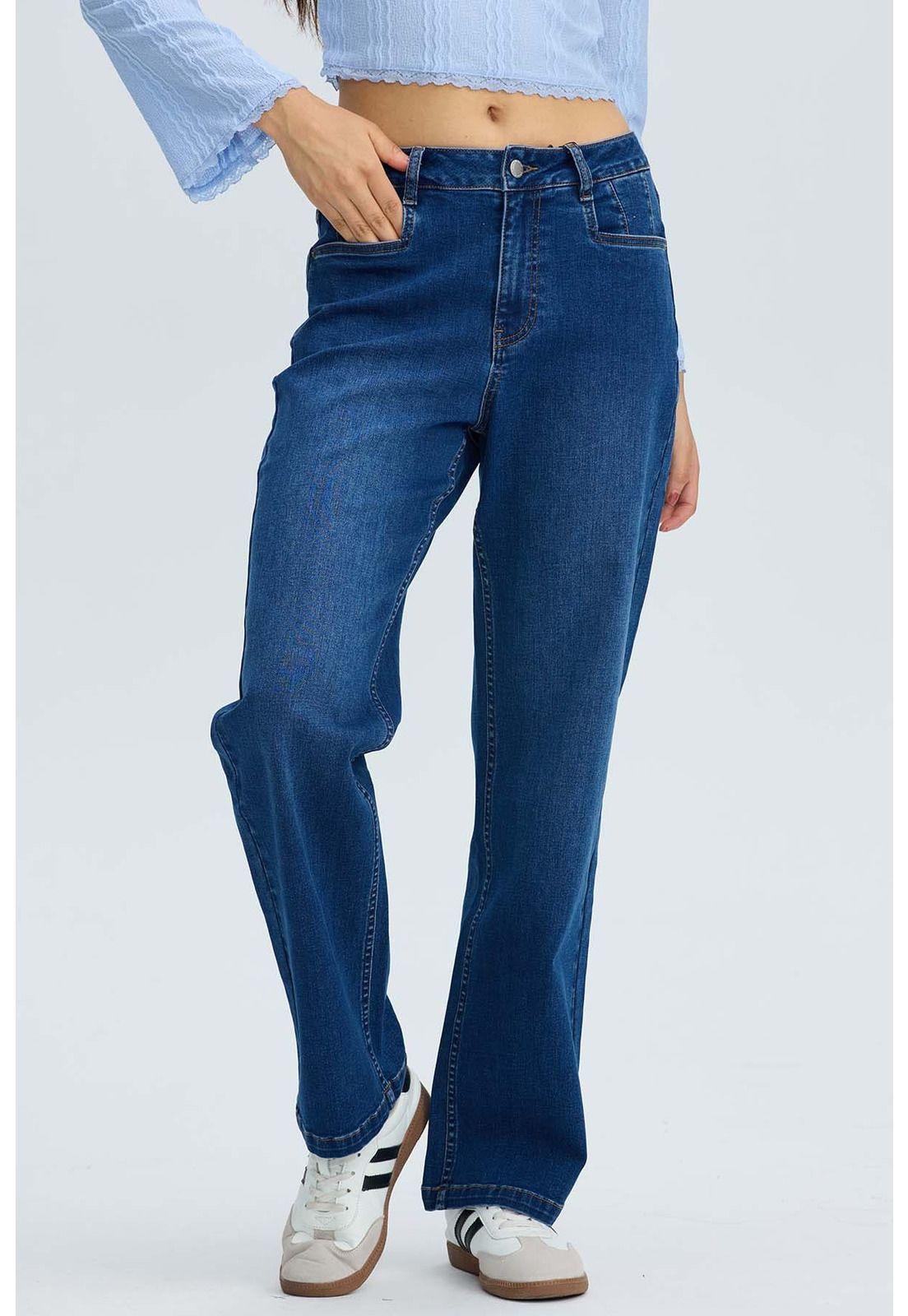 Jeans Mujer Cargo Calce Recto Azul-0