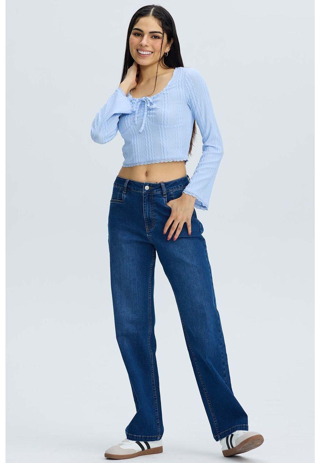 Jeans Mujer Cargo Calce Recto Azul-2