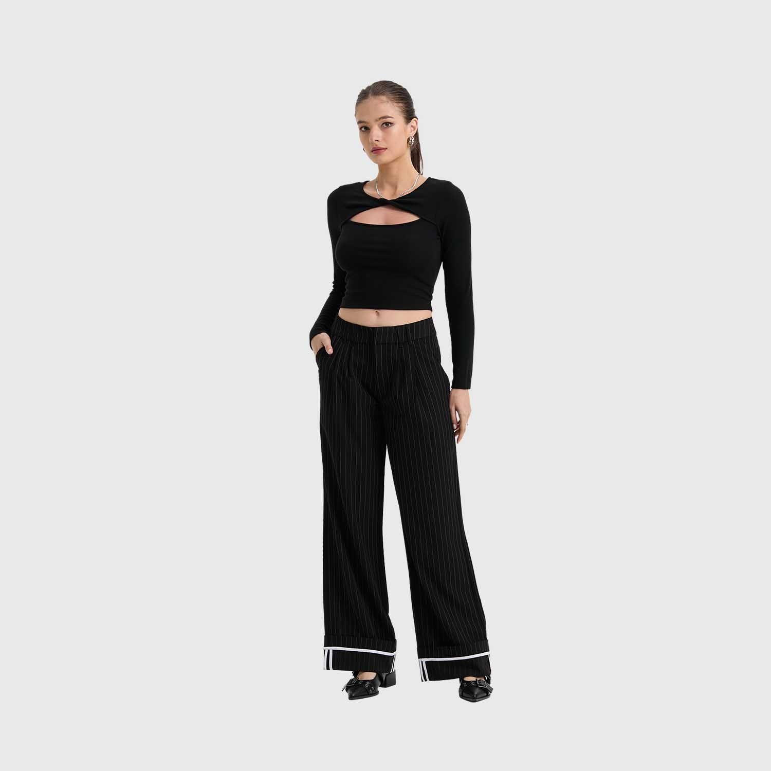 Pantalón Mujer Sastre Listado Negro Fashion's Park-3