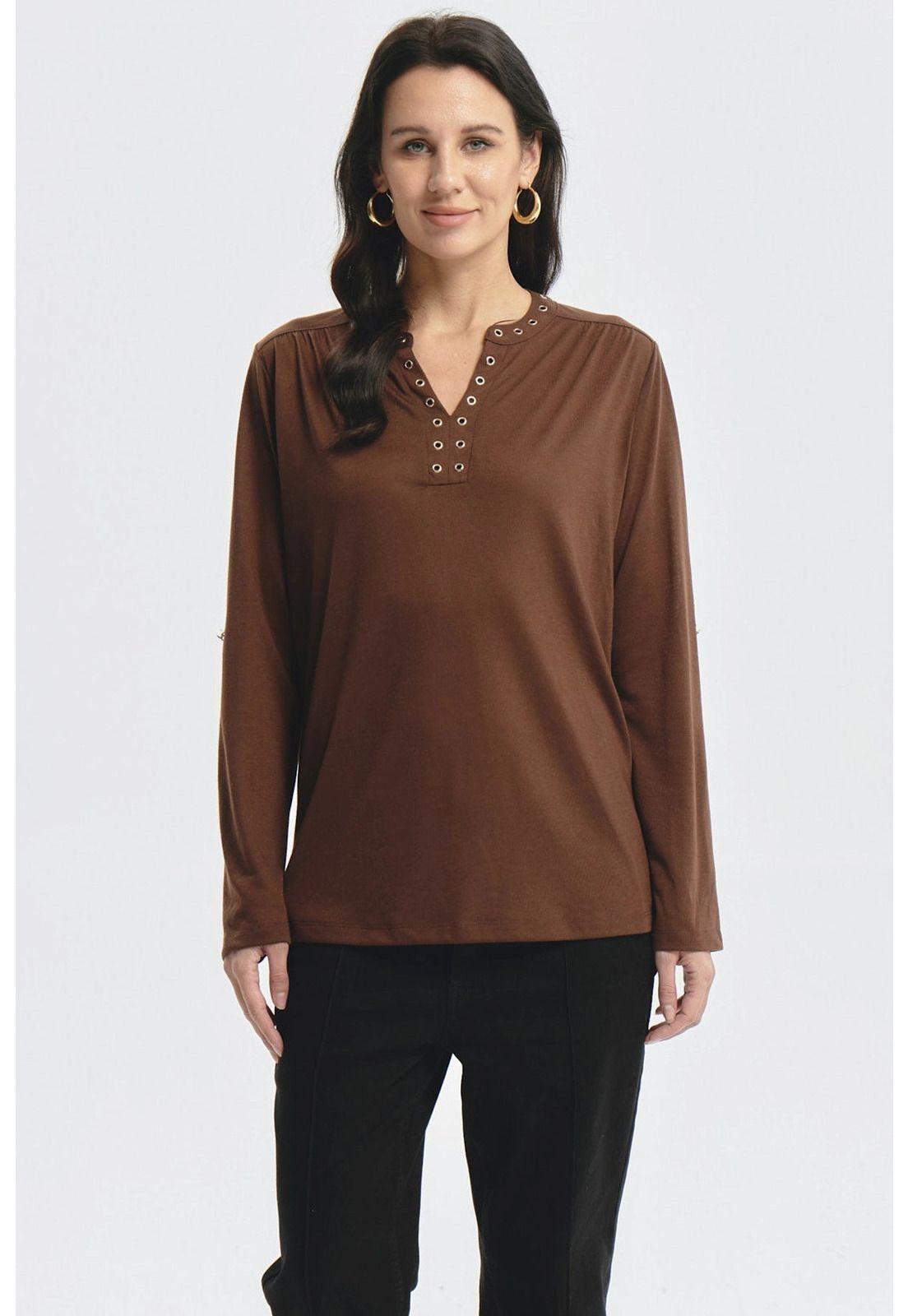 Polera Mujer Cuello Abotónado Café-0