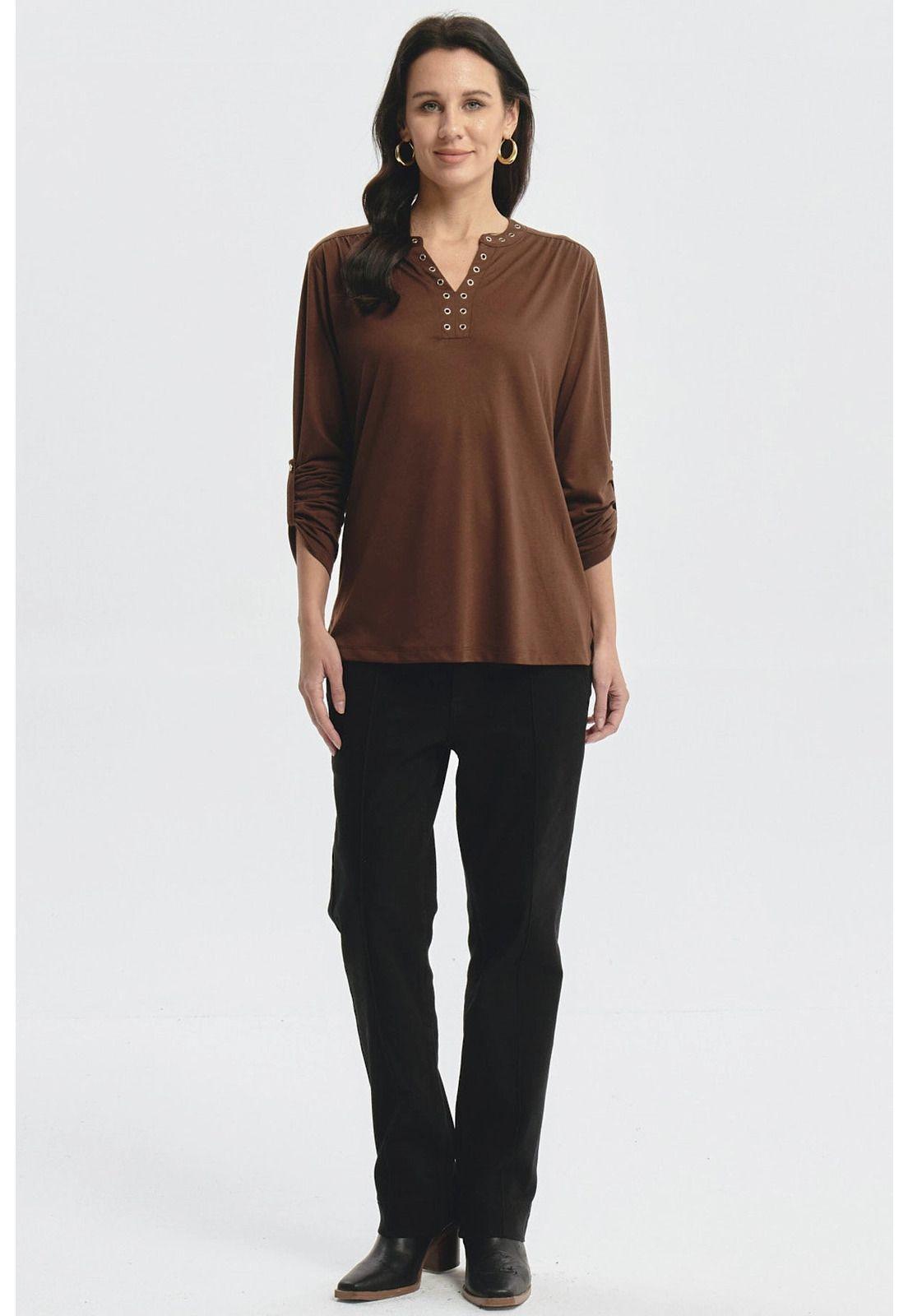 Polera Mujer Cuello Abotónado Café-3