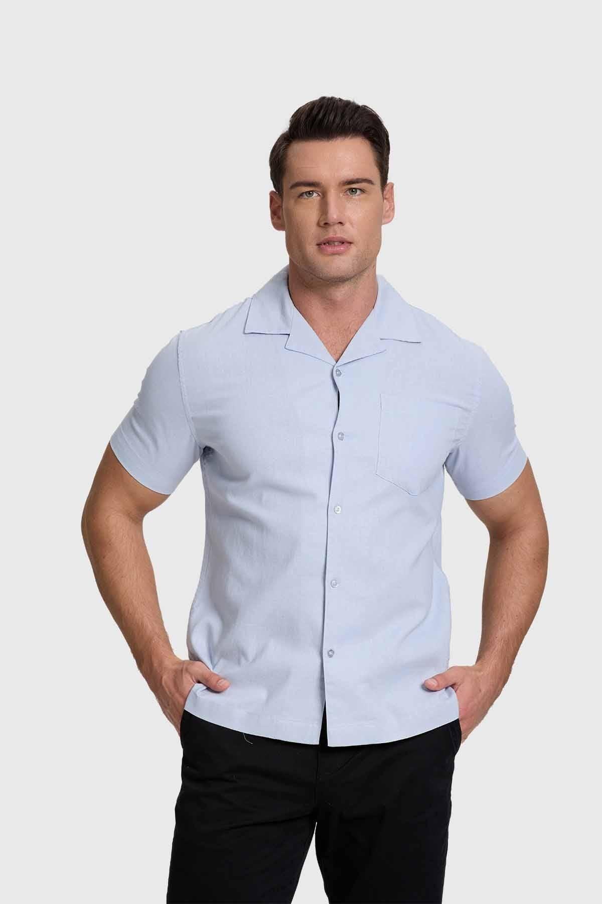 Camisa Hombre Lino Con Bolsillo Celeste-0