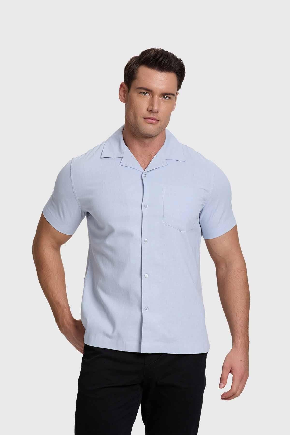 Camisa Hombre Lino Con Bolsillo Celeste-1
