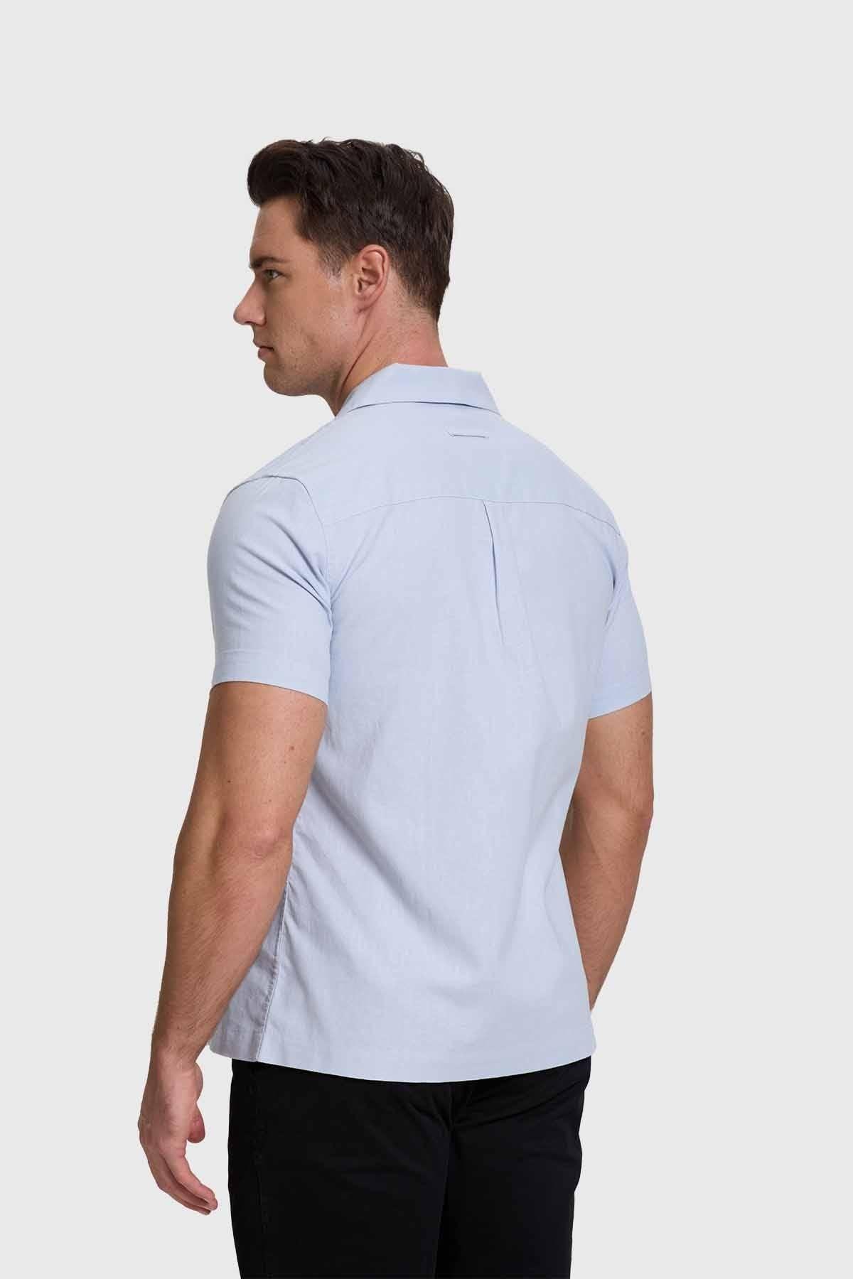 Camisa Hombre Lino Con Bolsillo Celeste-2