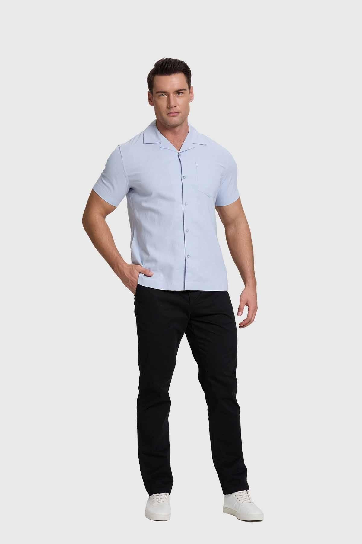 Camisa Hombre Lino Con Bolsillo Celeste-3