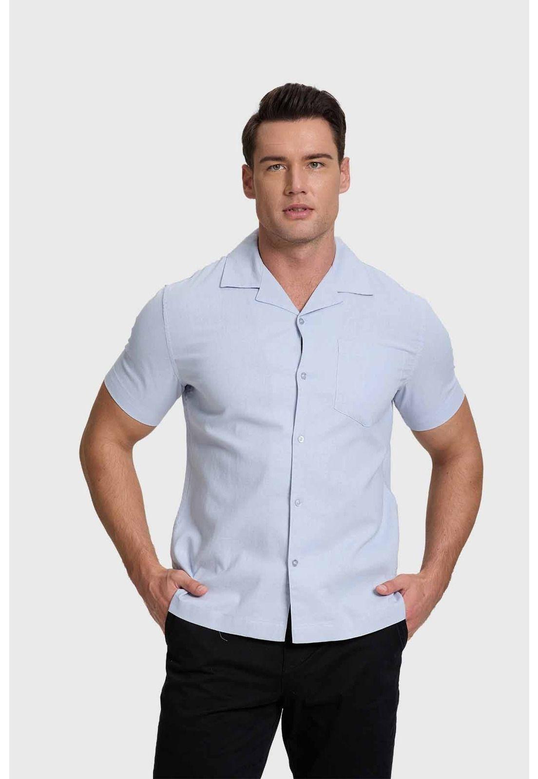 Camisa Hombre Lino Con Bolsillo Celeste-0