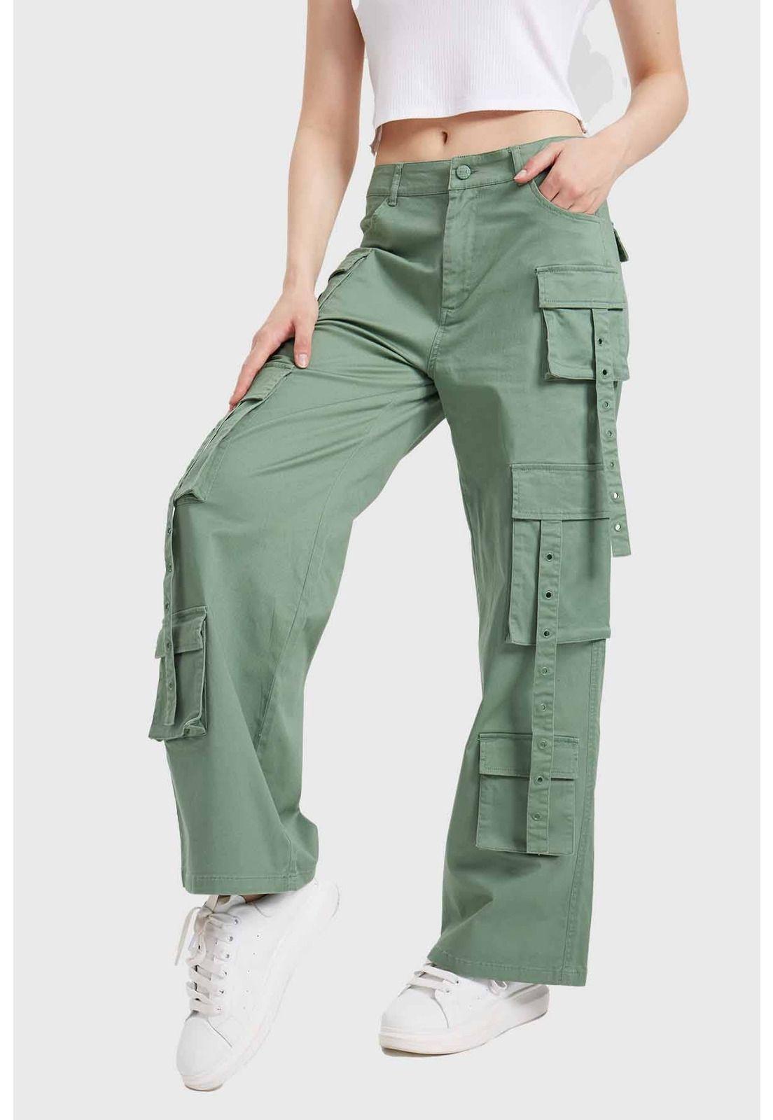 Pantalón Mujer Cargo Tiras Verde-1