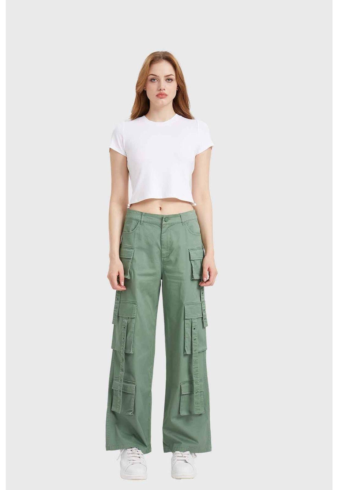 Pantalón Mujer Cargo Tiras Verde-3