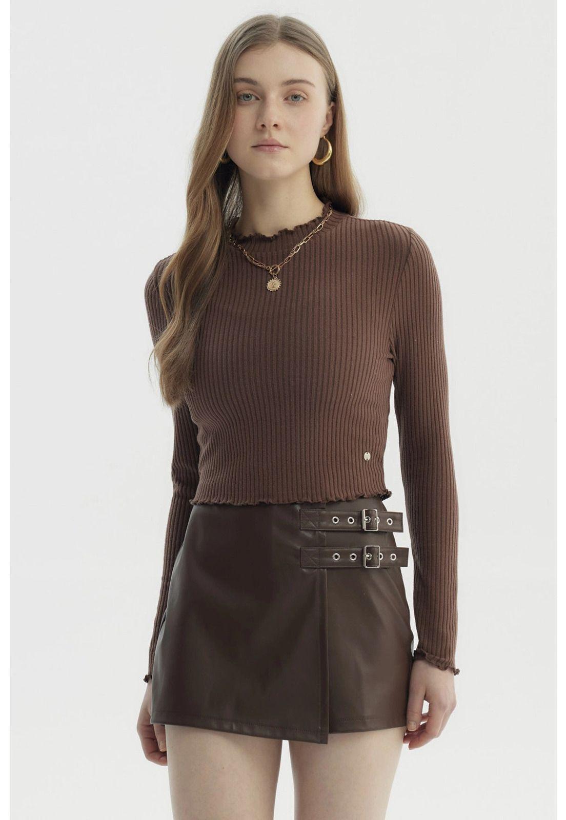 Polera Mujer Basic Ajustado Café Oscuro-0