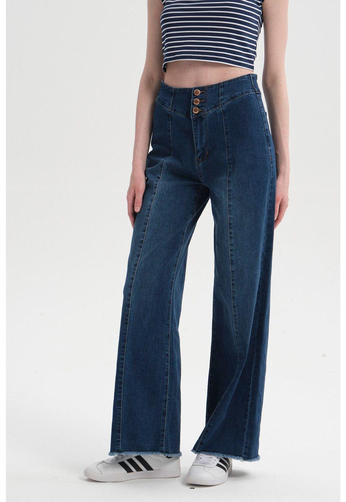 Jeans Mujer Calce Recto Línea Pretina Azul Oscuro-0