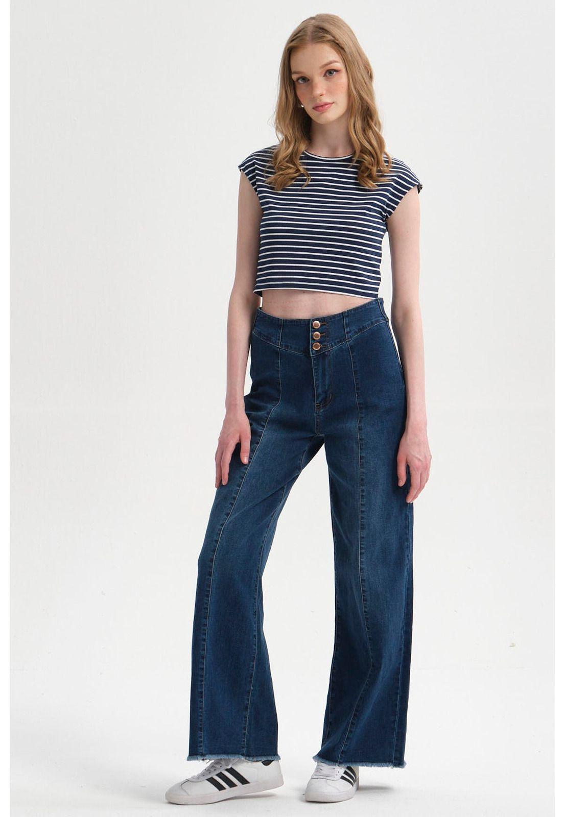 Jeans Mujer Calce Recto Línea Pretina Azul Oscuro-3