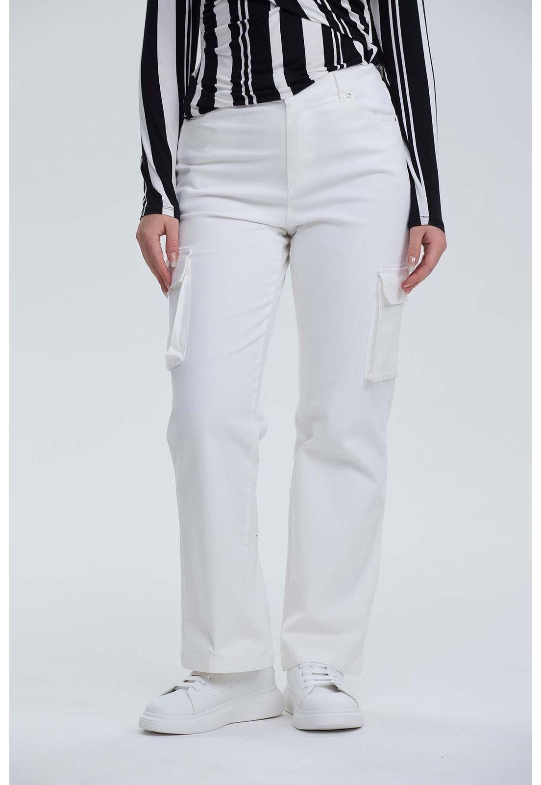 Pantalón Mujer Wide Leg Cargo Gabardina Crudo-0