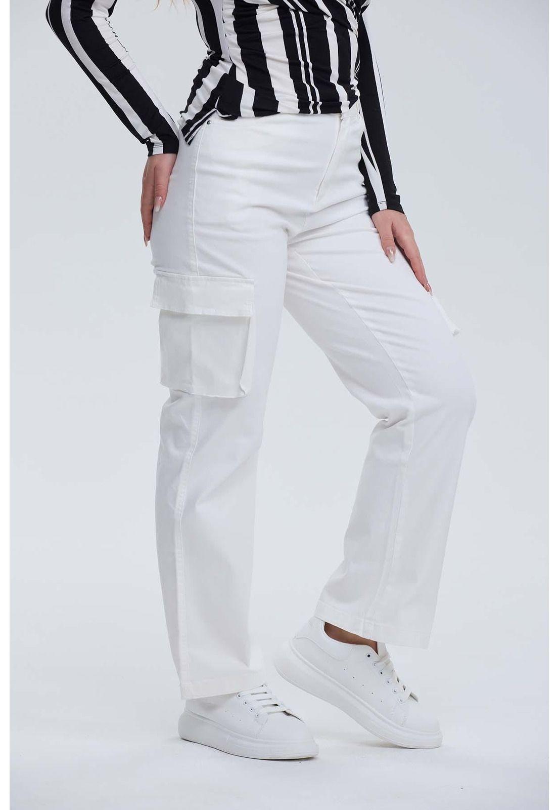Pantalón Mujer Wide Leg Cargo Gabardina Crudo-1