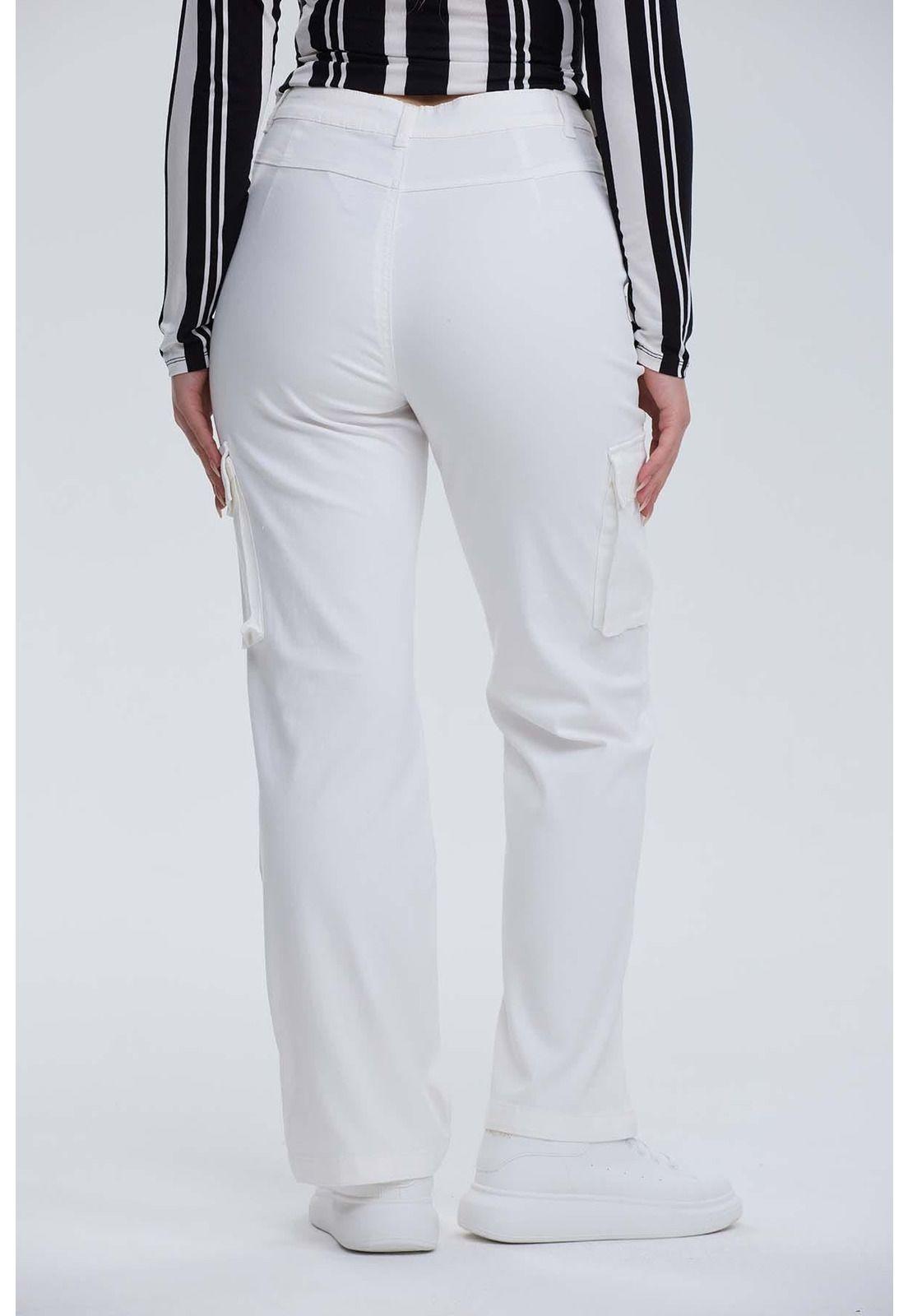 Pantalón Mujer Wide Leg Cargo Gabardina Crudo-2