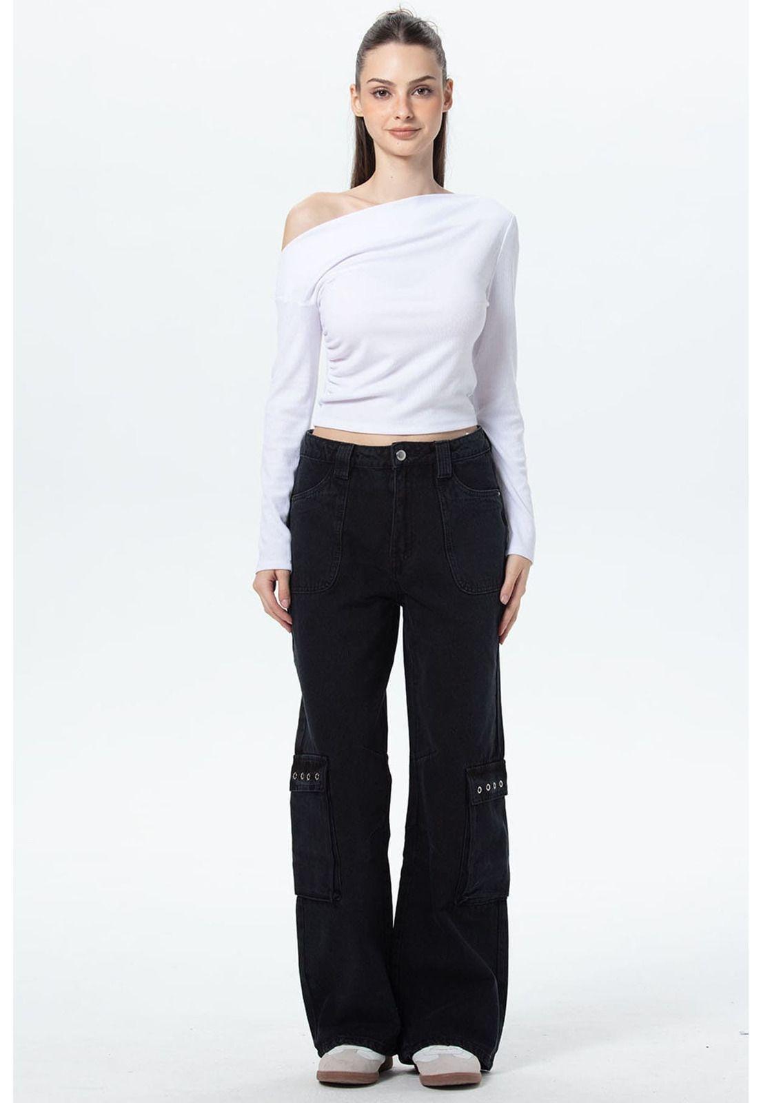 Jeans Mujer Cargo Calce Recto Negro - lV-3