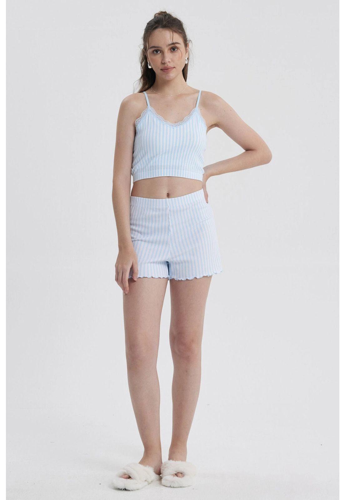 Pijama Mujer Crop Celeste-3