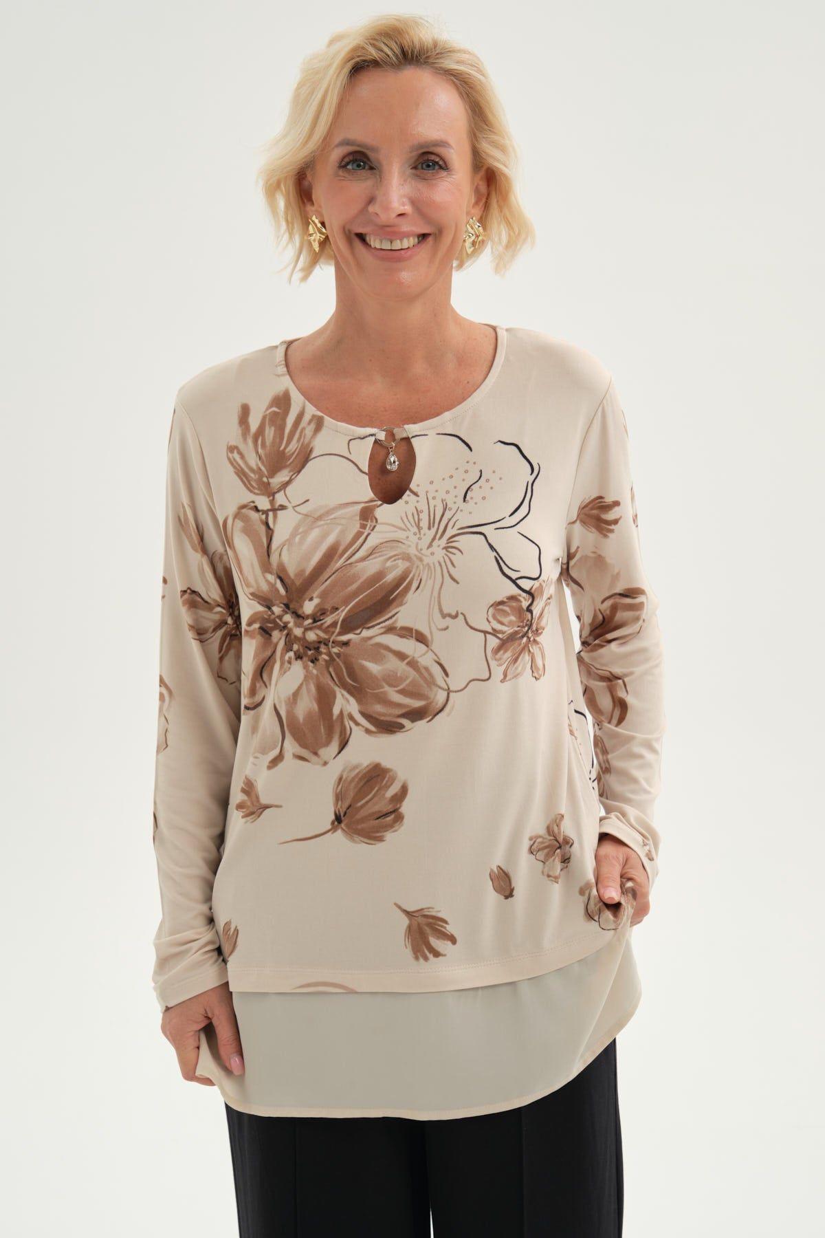 Polera Mujer Evasé Con Aplicación Beige-0