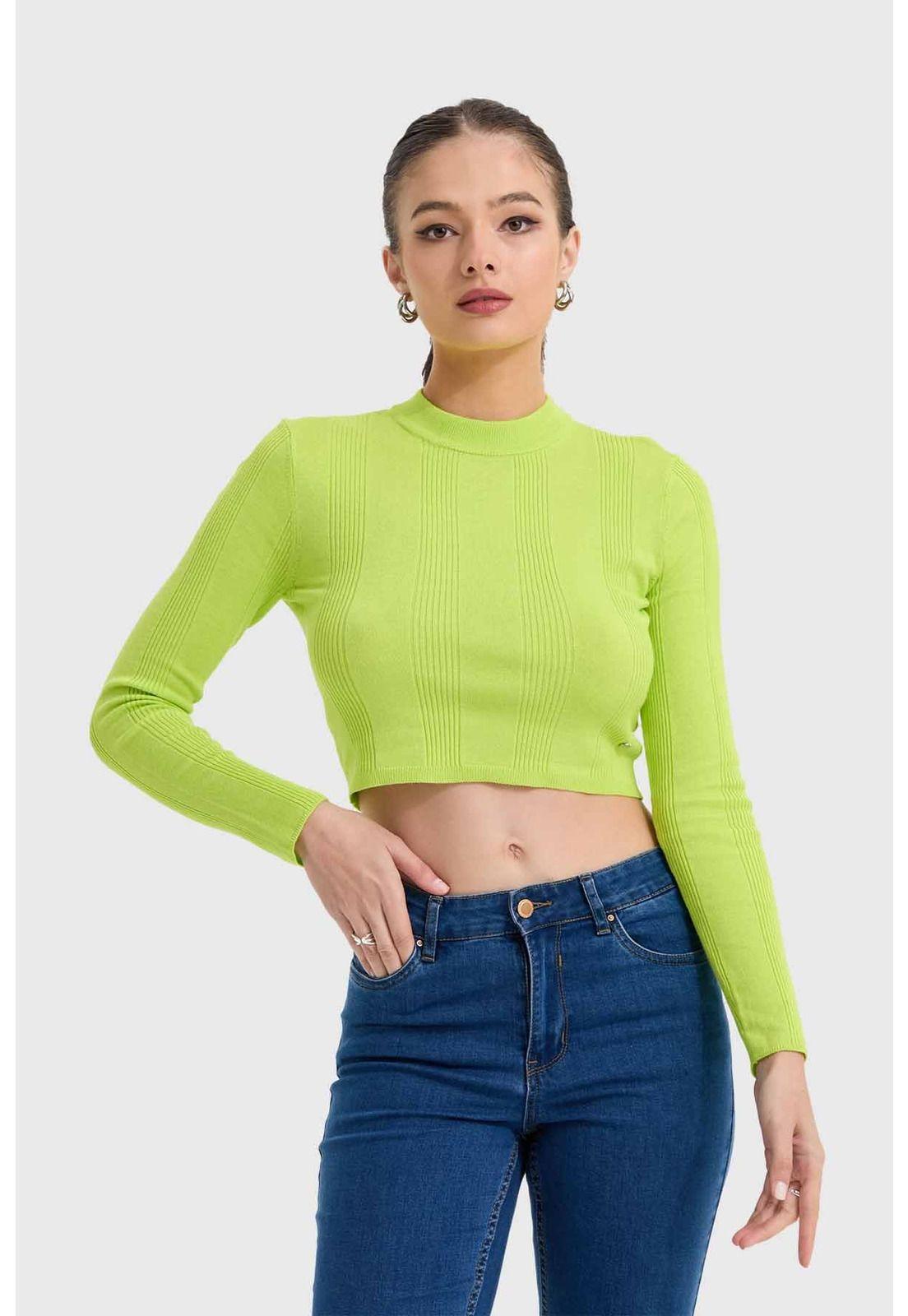 Sweater Mujer Aplicación Verde Flúor-0