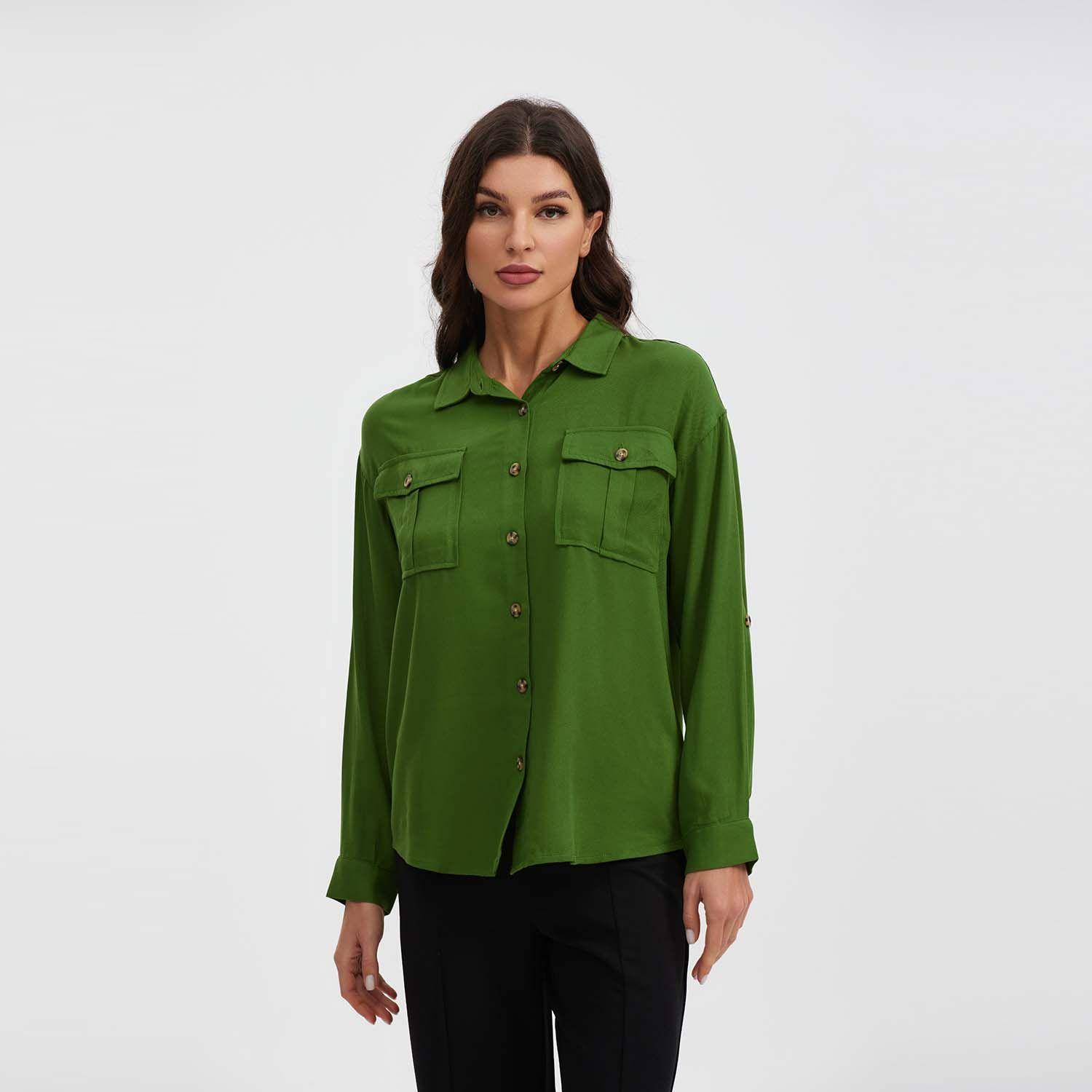 Blusa Manga Roll Up Verde Oscuro Mujer-0