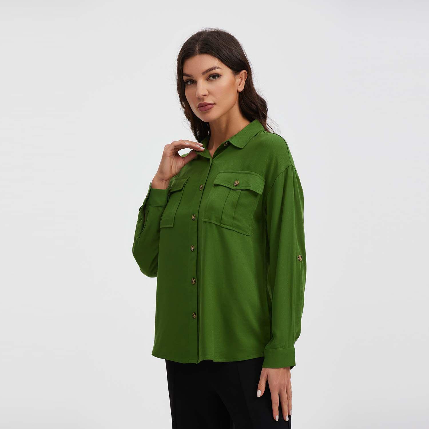 Blusa Manga Roll Up Verde Oscuro Mujer-1
