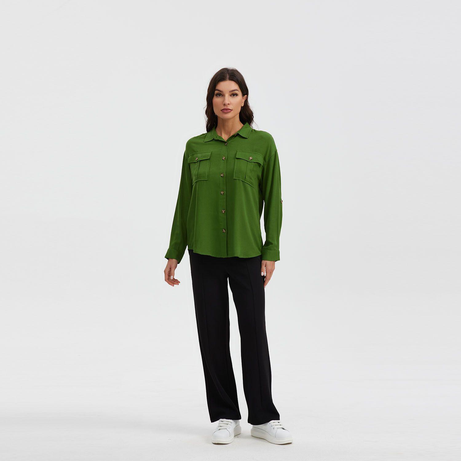 Blusa Manga Roll Up Verde Oscuro Mujer-3