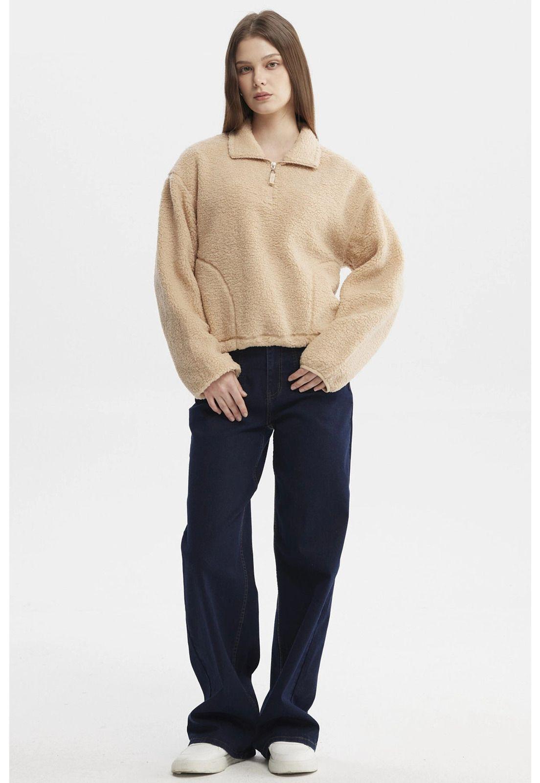 Polar Mujer Corderito Medio Cierre Beige-3