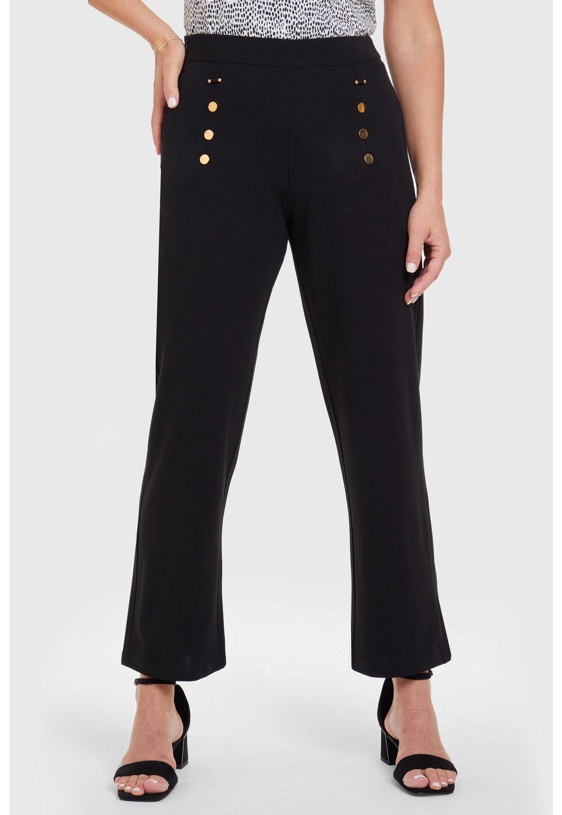 Pantalón Recto Aplicación Pretina Negro-0