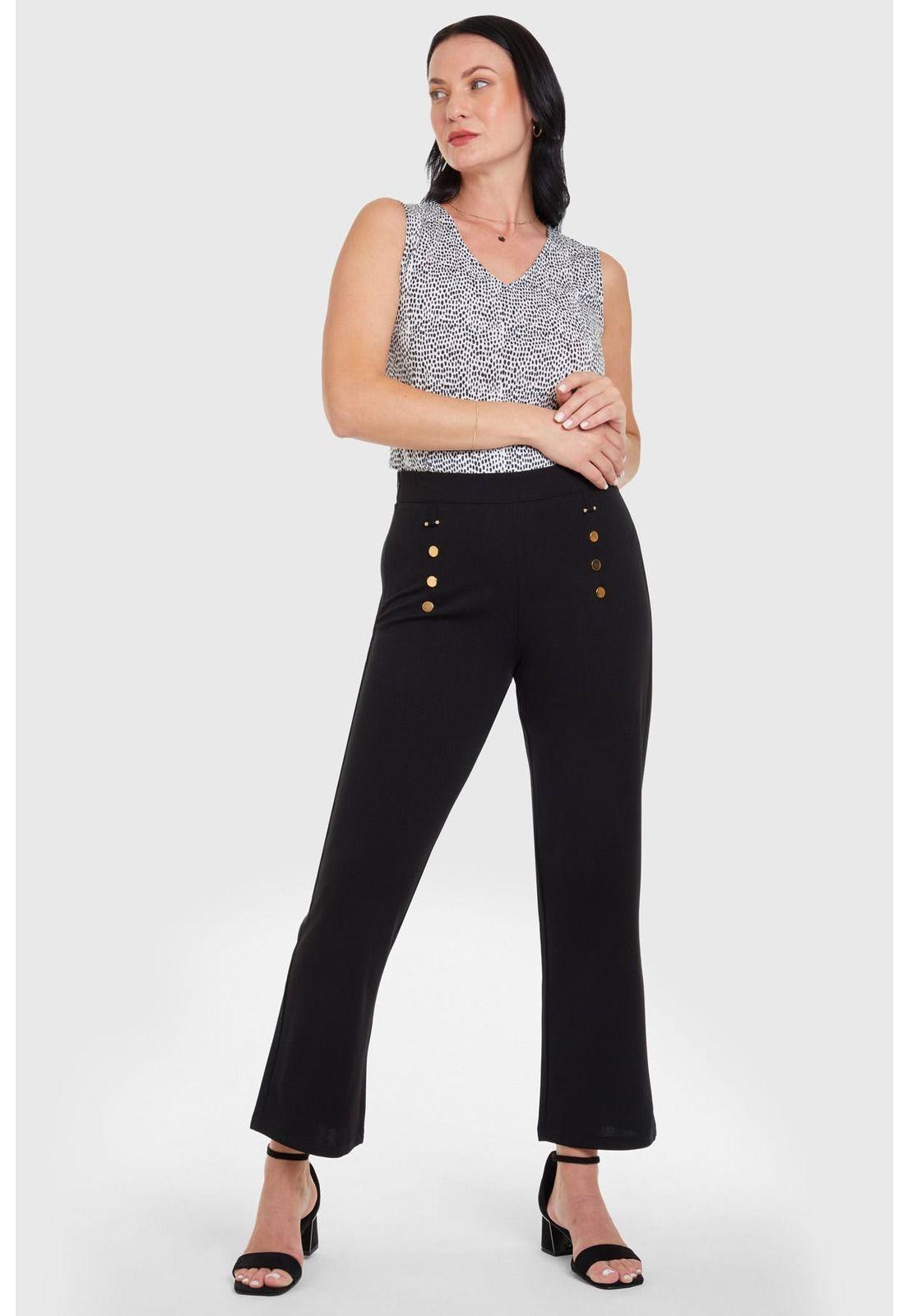 Pantalón Recto Aplicación Pretina Negro-3