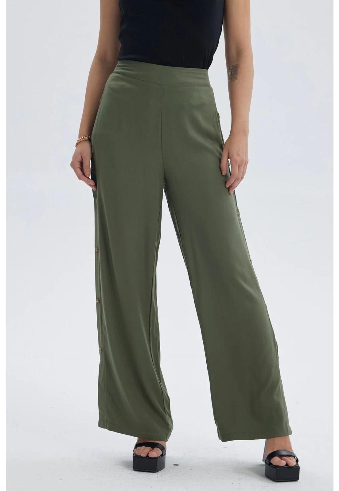 Pantalón Mujer Palazzo Botones Costado Verde Musgo-0