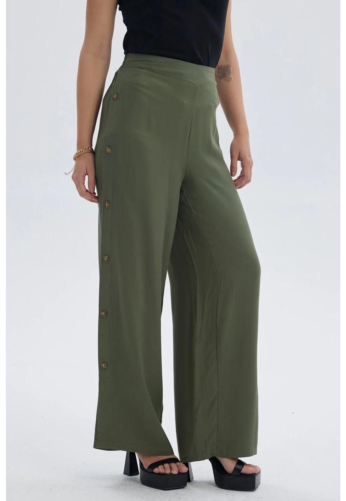Pantalón Mujer Palazzo Botones Costado Verde Musgo-1