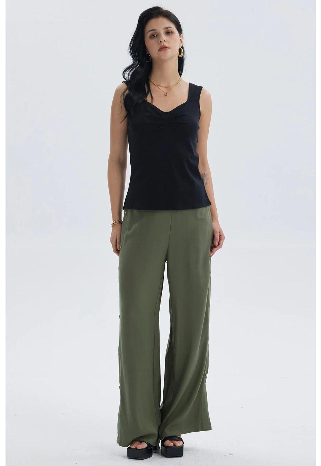 Pantalón Mujer Palazzo Botones Costado Verde Musgo-3