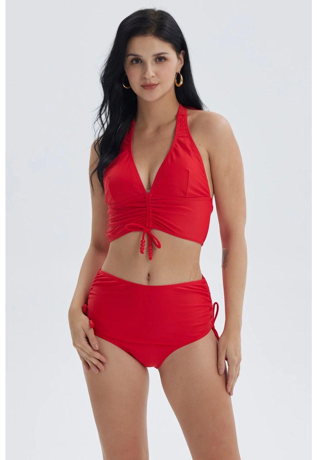 Traje De Baño Mujer Peto Escote V Liso Rojo-0