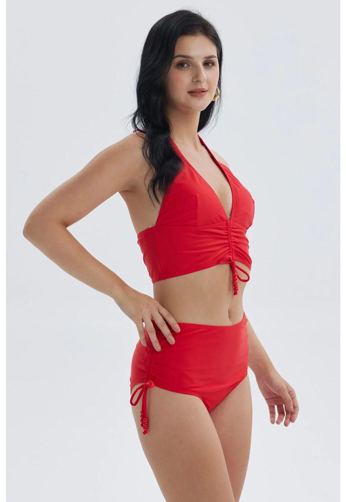 Traje De Baño Mujer Peto Escote V Liso Rojo-1