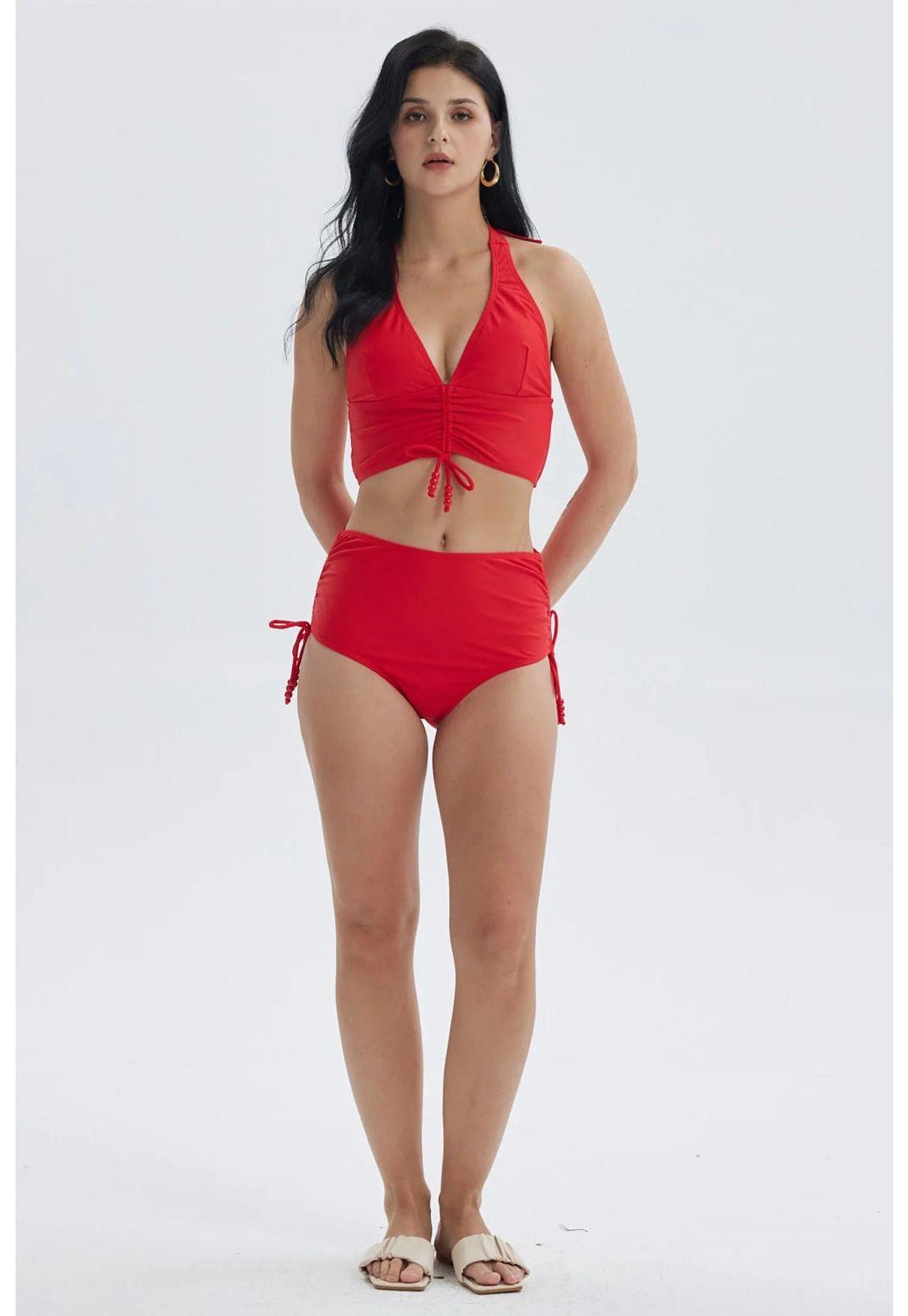 Traje De Baño Mujer Peto Escote V Liso Rojo-3