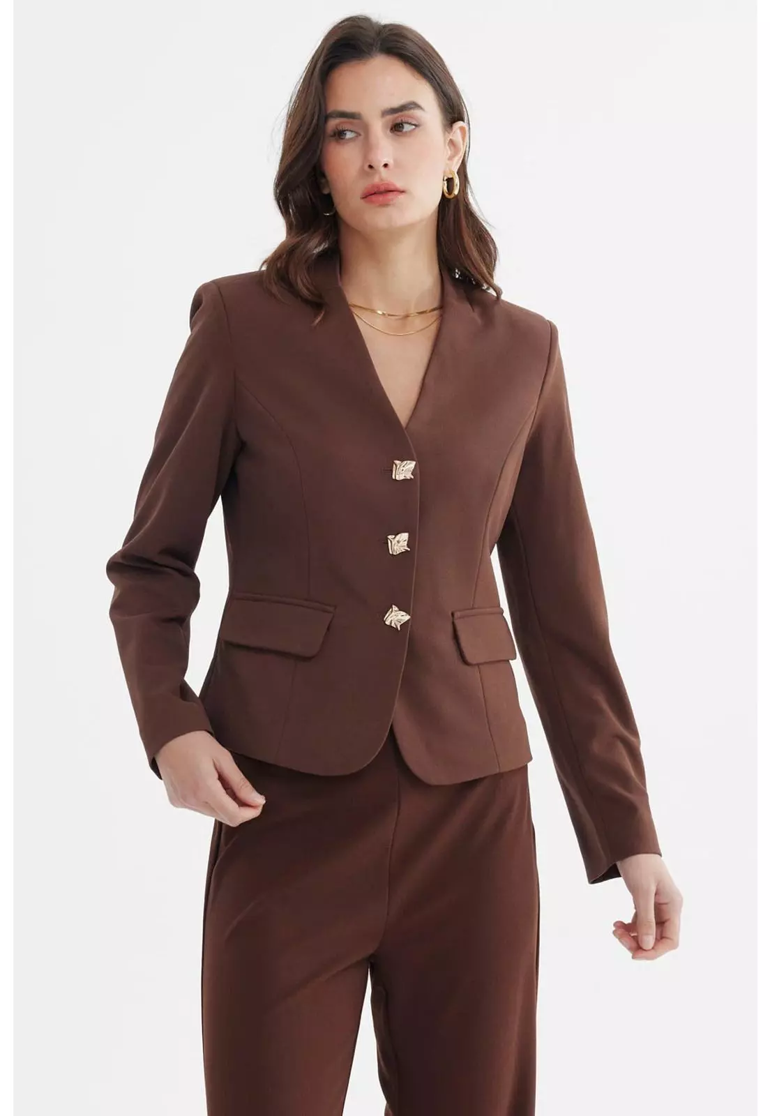 Blazer Mujer Abotonado Con Bolsillo Chocolate-0