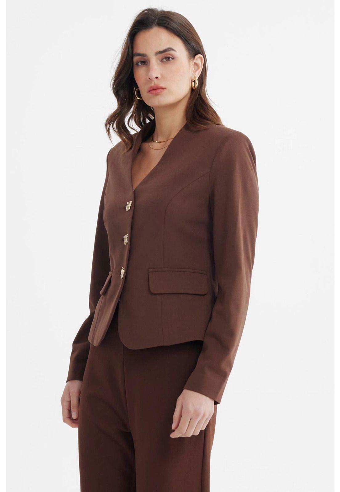 Blazer Mujer Abotonado Con Bolsillo Chocolate-1
