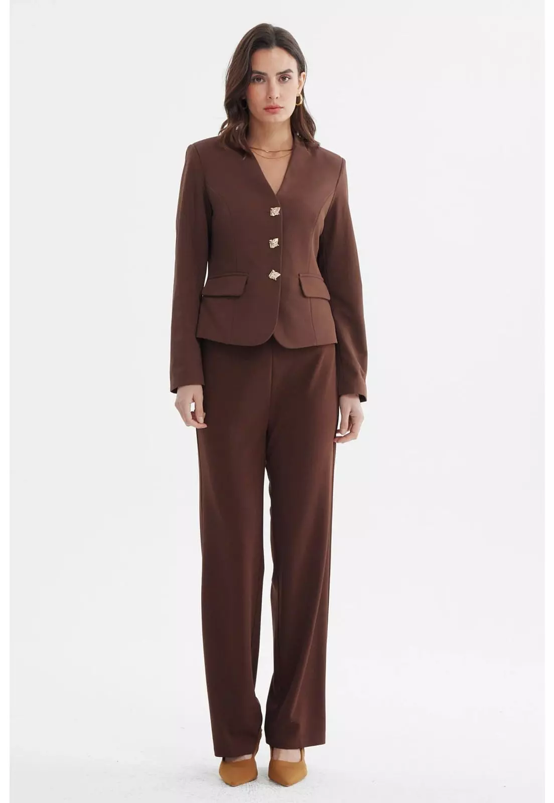 Blazer Mujer Abotonado Con Bolsillo Chocolate-3
