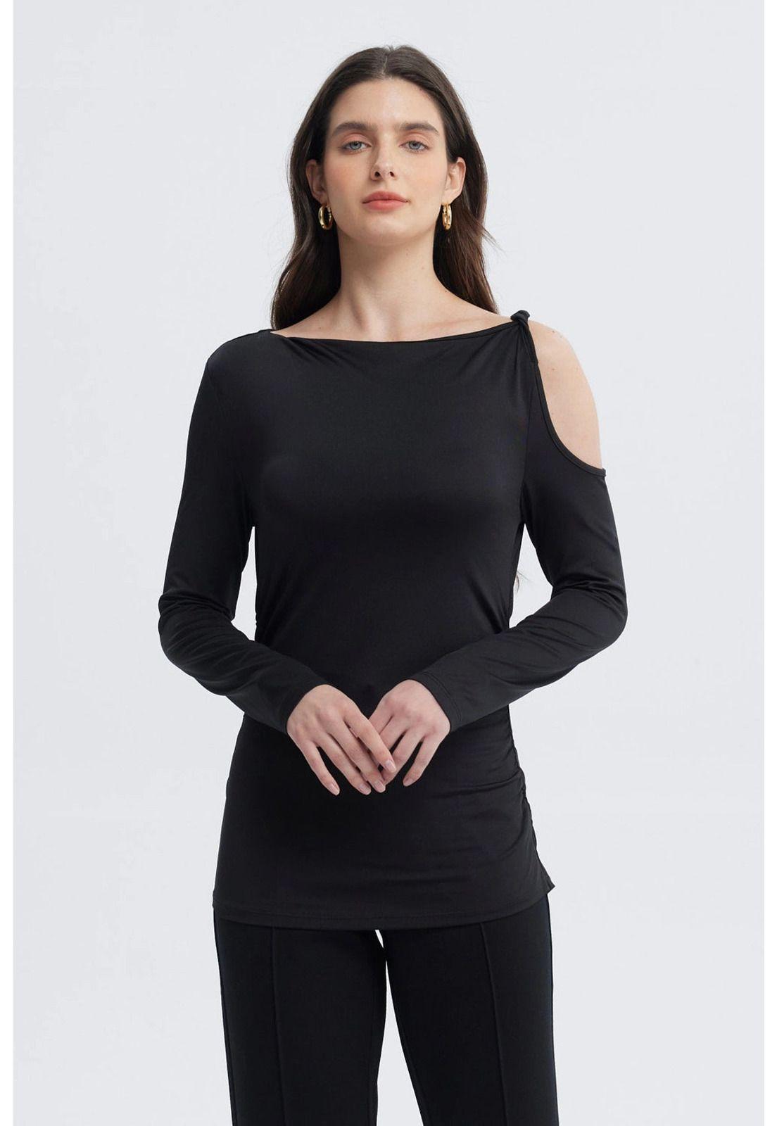 Polera Mujer Aplicación Nudo Hombro Negro-0