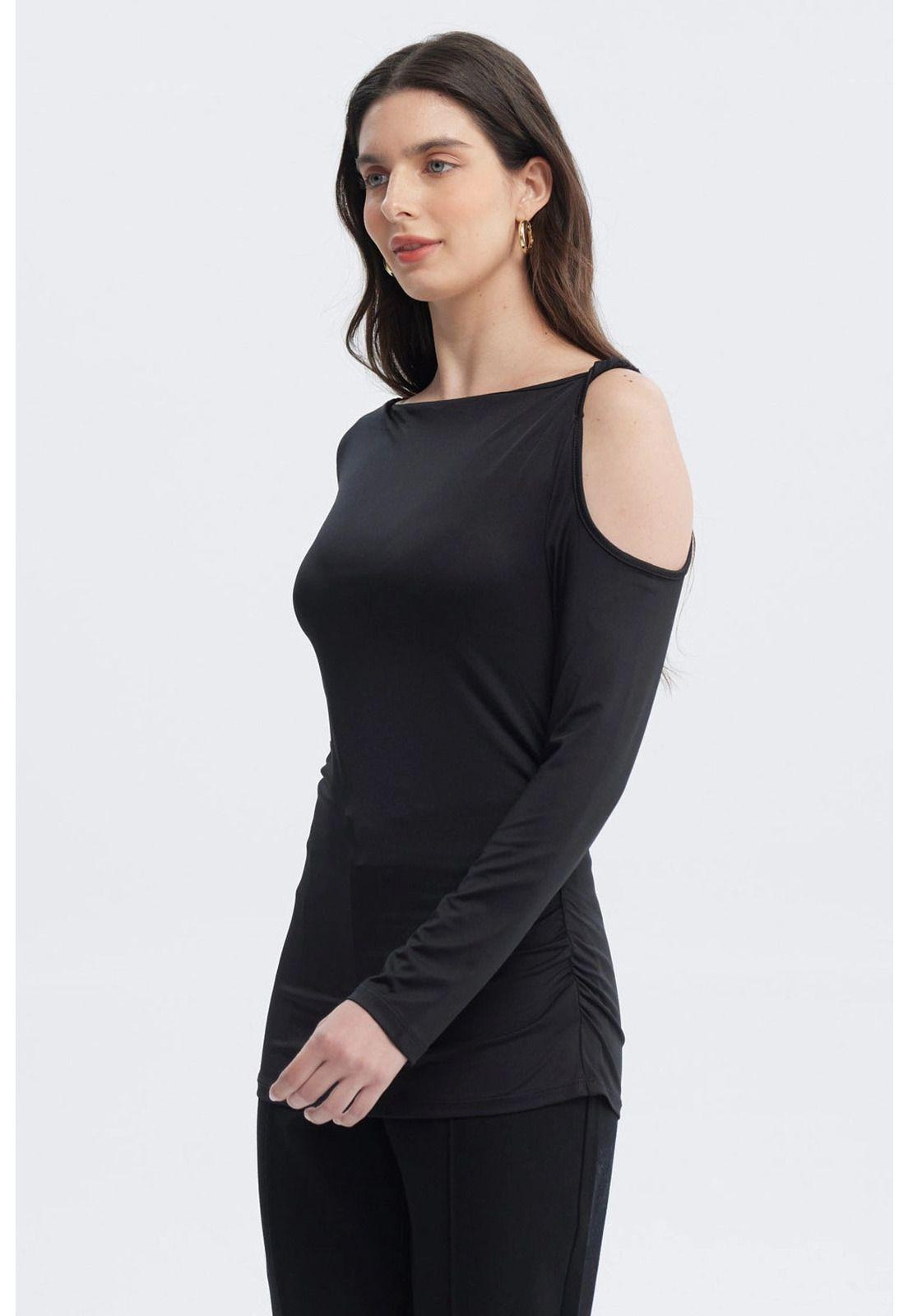 Polera Mujer Aplicación Nudo Hombro Negro-1