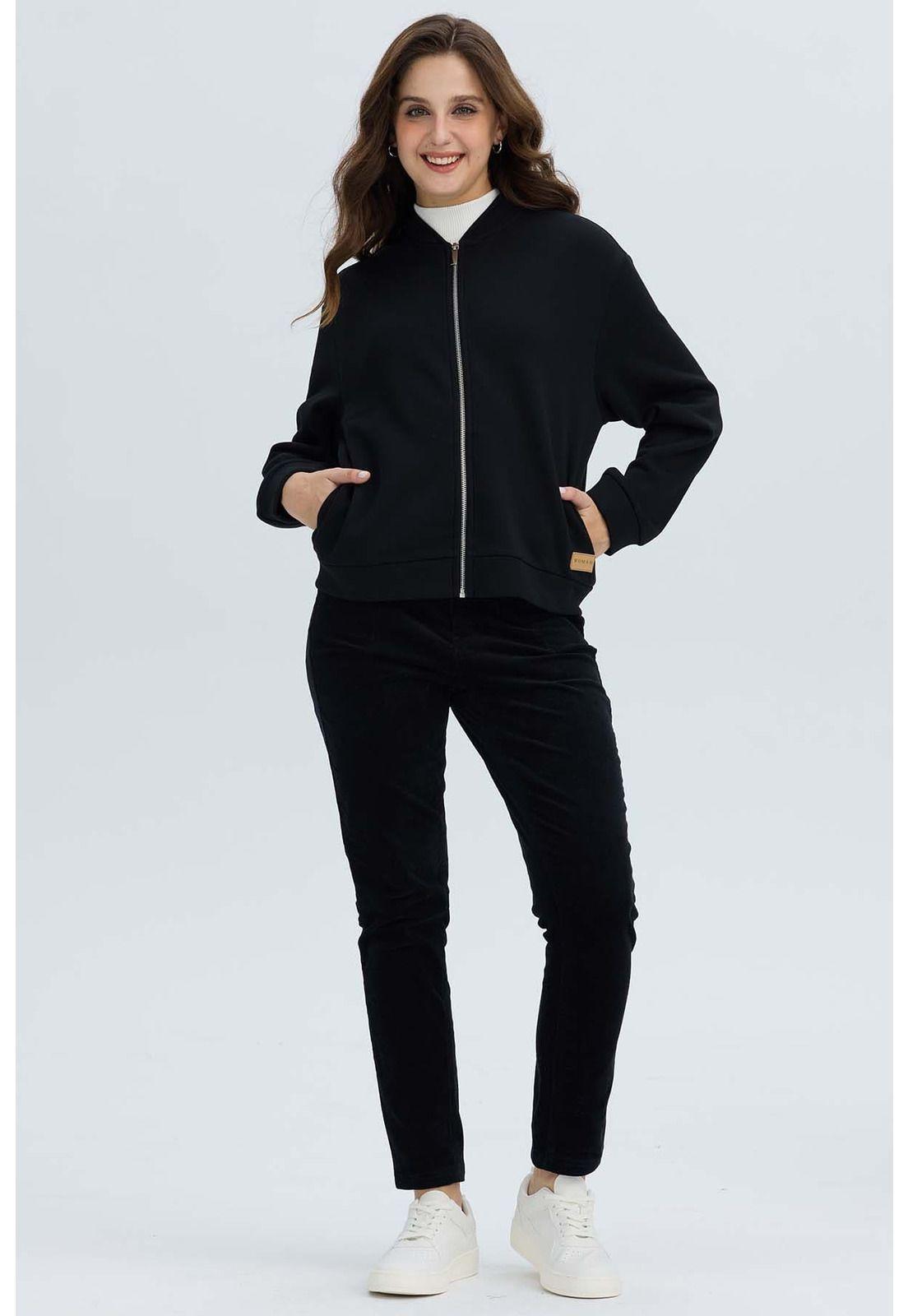 Polerón Mujer Liso Estilo Bomber Negro-3