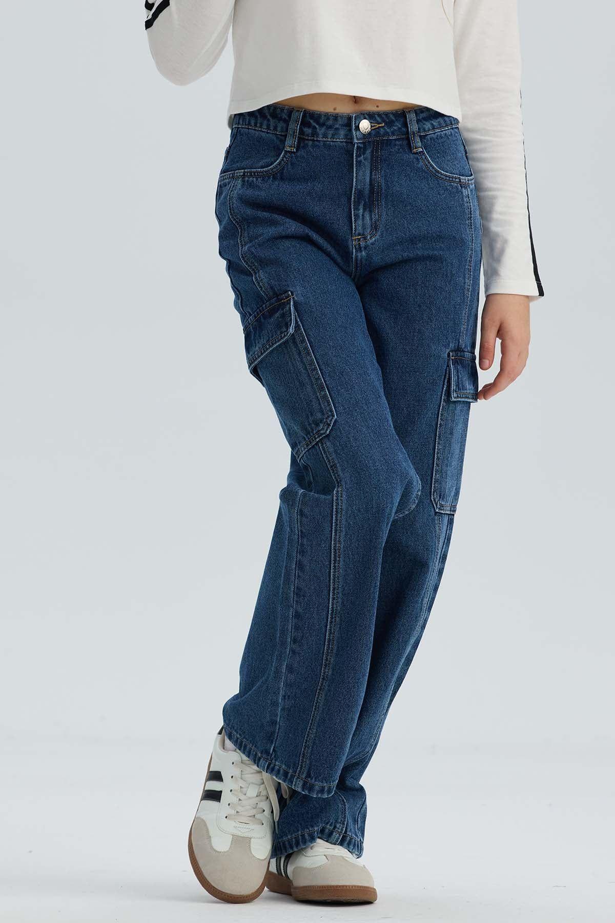 Jeans Niña Calce Recto Cargo Azul-2