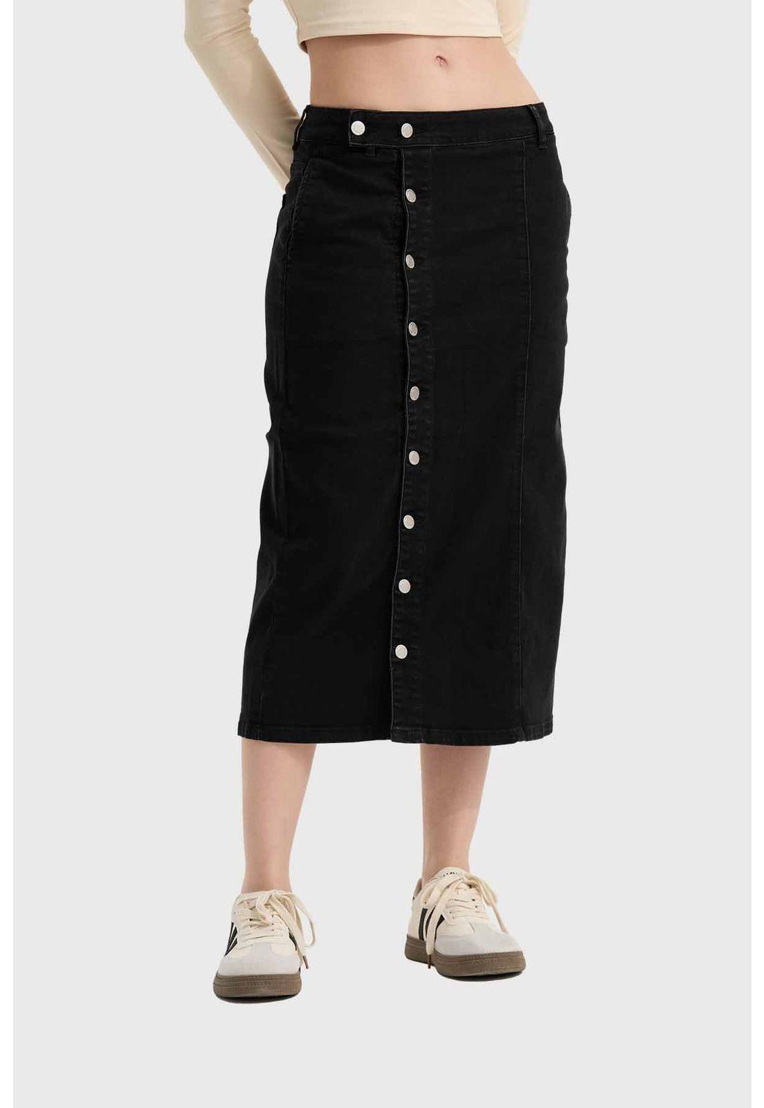 Falda Mujer Midi Abotonada Negro-0