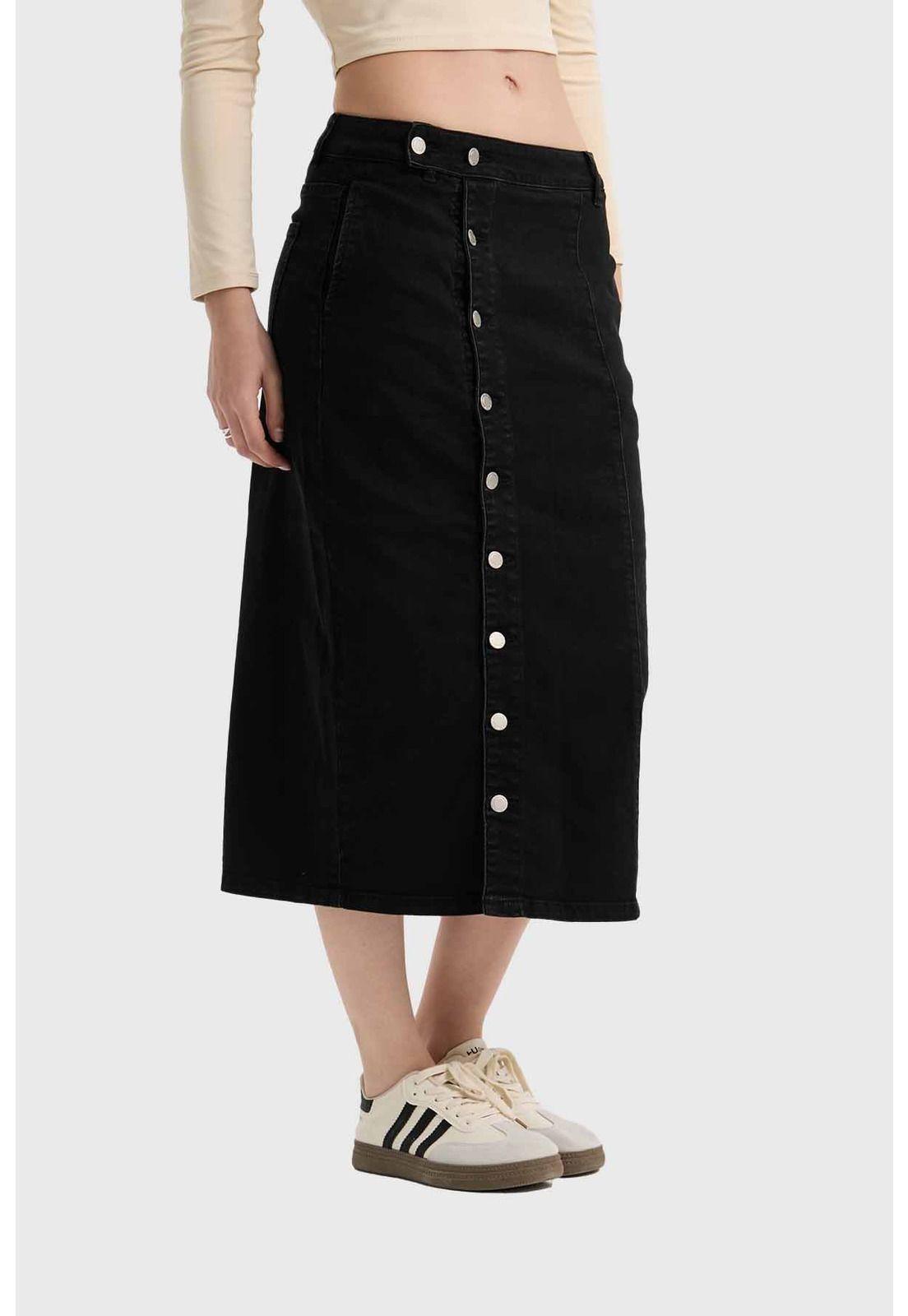 Falda Mujer Midi Abotonada Negro-1