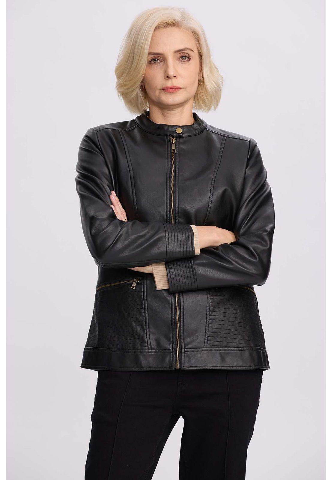 Chaqueta Mujer Efecto Cuero Negro - ll-0