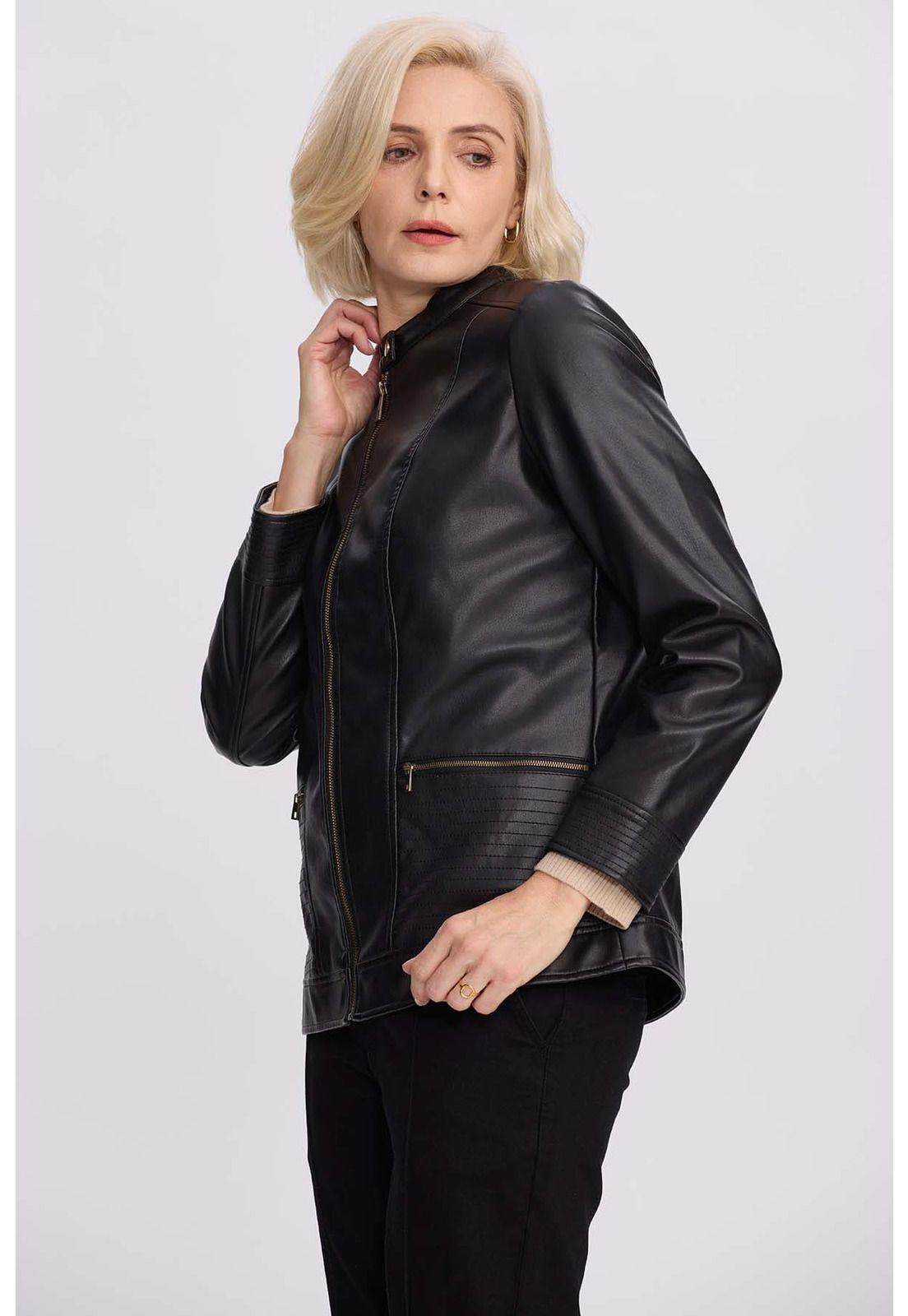 Chaqueta Mujer Efecto Cuero Negro - ll-1