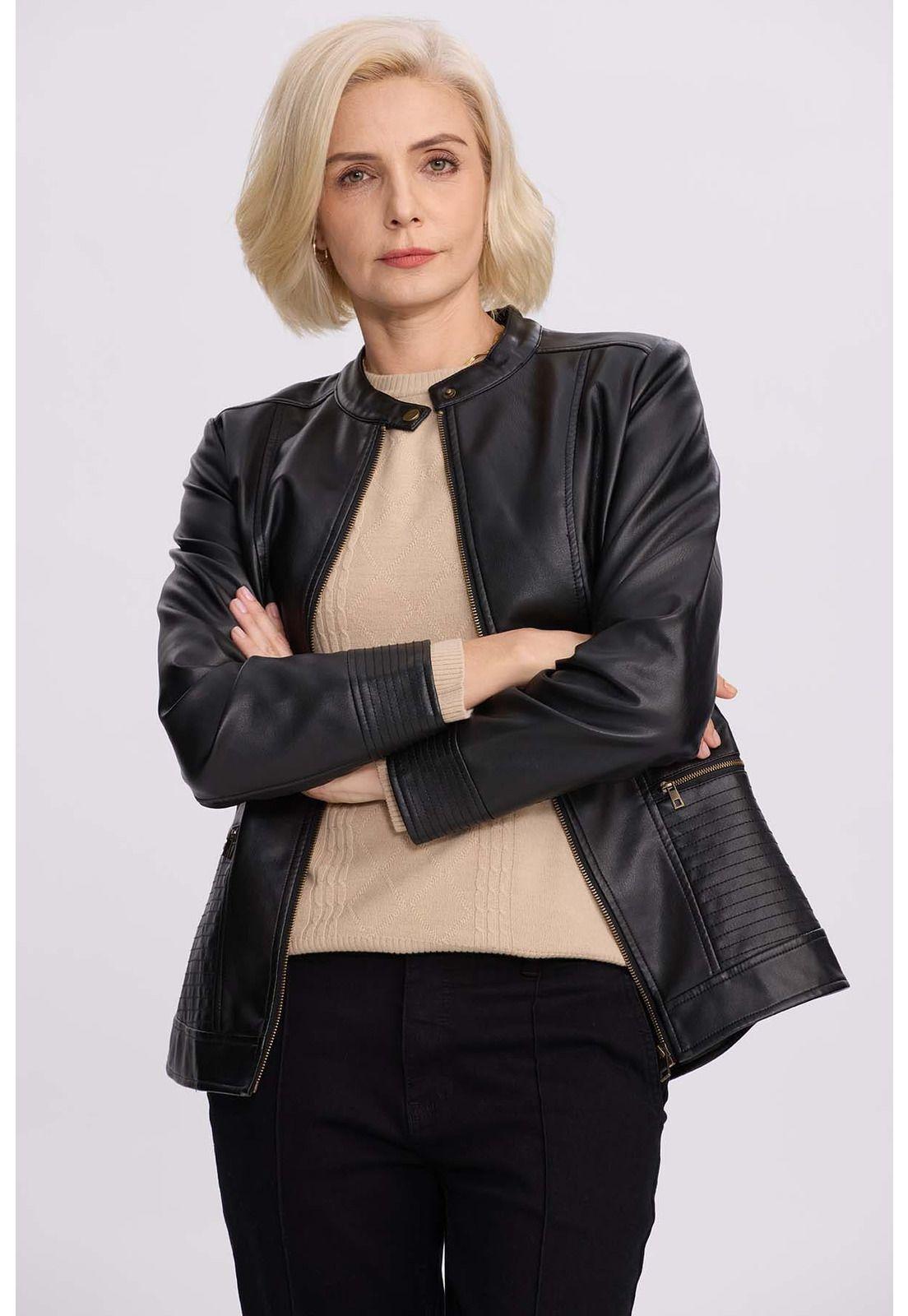 Chaqueta Mujer Efecto Cuero Negro - ll-3