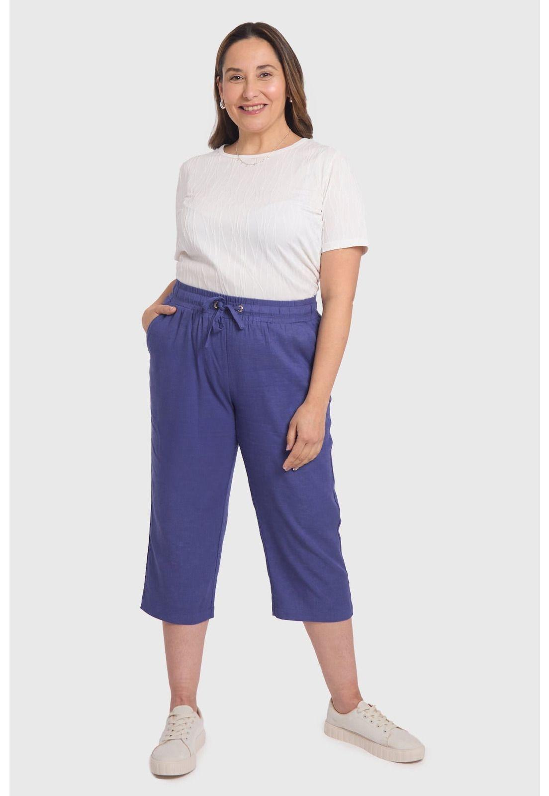 Pantalón Mujer Lino Azul-3